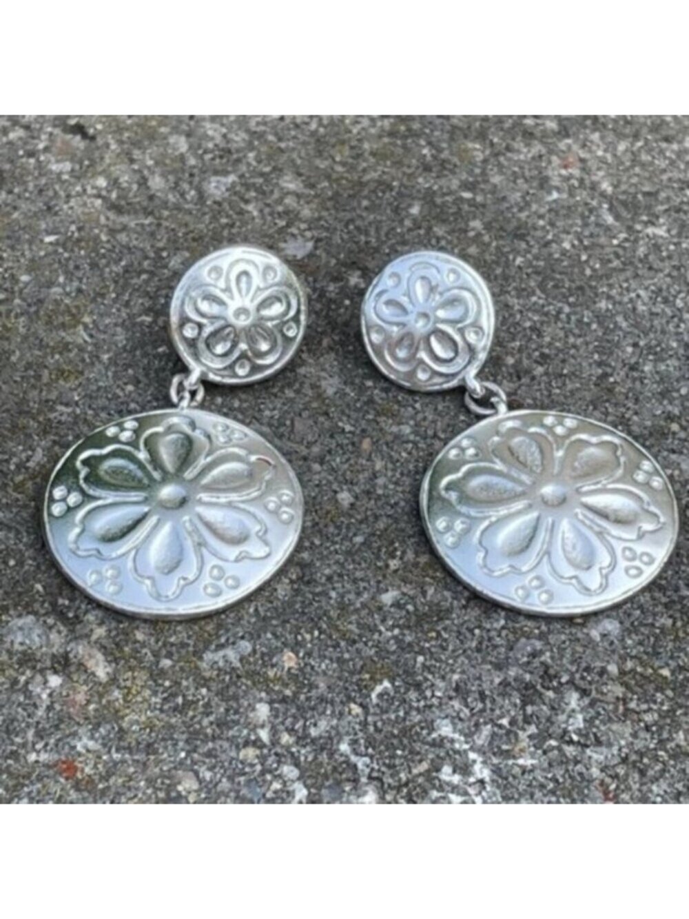 Boho Vintage Silver Tone Embossed Floral Disc Drop Earrings